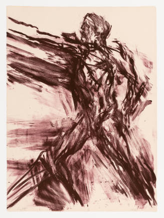 Male figure facing forward, drawn with loose strokes, in powerful stance with arm raised, drawn