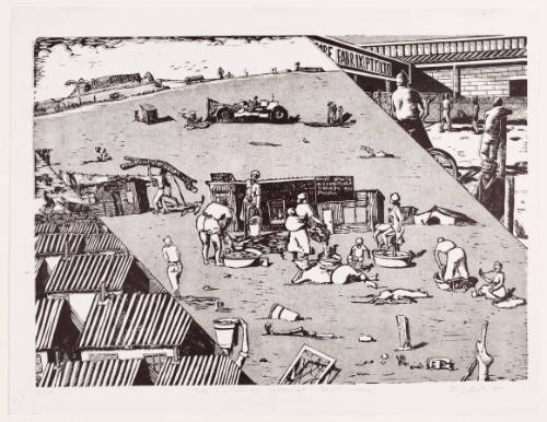 Three-part image depicts: small homes, people performing daily activities, and men standing outside