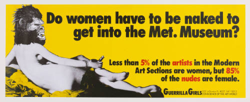Naked woman wearing a gorilla mask with text "Do women have to be naked to get into the Met. Museum?