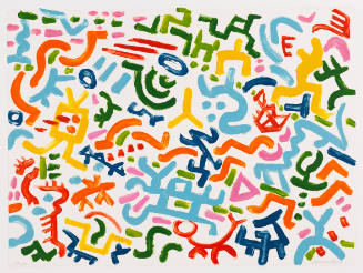 Red, orange, green yellow, pink and blue glyph-like shapes evenly spread across the sheet