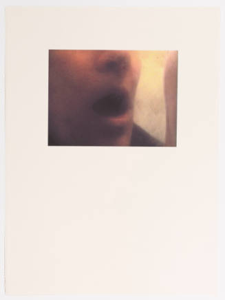 Print of blurry, rectangular image of a person’s nose and open mouth against a light background