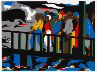 Colorful print depicting a group of African American people on a bridge confronting a menacing dog