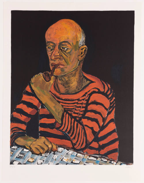 Portrait of a medium skin tone adult wearing an orange striped shirt and smoking a pipe