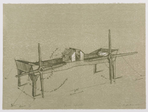 Annotated design for 4-legged table with hand-cranked rope winch at each end pulling a model house i