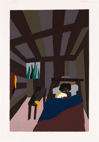 Colorblock image of interior space with a mother and child with dark skin tone in bed