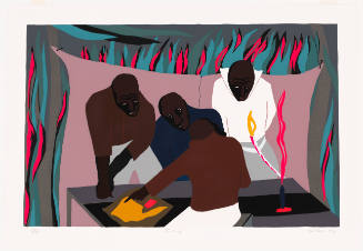 Colorblock image of four men with dark skin tone making plans at table around what looks like a map