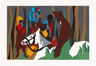 Colorblock image of man with dark skin tone on white horse and people carrying goods in background