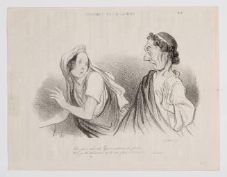 Caricature of two people wearing togas, the woman has a drawn expression and the man looks surprised