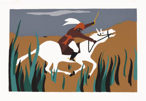 Colorblock screenprint of person with dark skin tone with sword raised, charging on horse