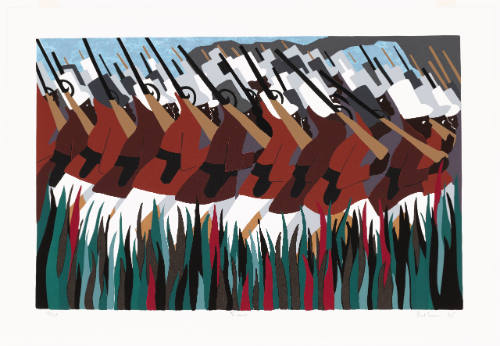 Colorblock screenprint of mass of soldiers with dark skin tone and rifles moving through brush