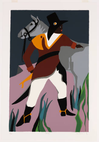 Colorblock screenprint of soldier with dark skin tone in hat, coat, and boots, tending to gray horse