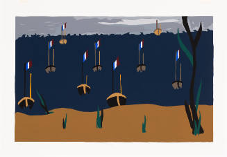 Colorblock screenprint of naval flotilla with French flags at sea, seen from the beach