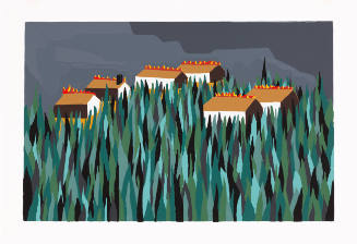 Colorblock screenprint of six small buildings, with flames on roofs, on a hill with high brush