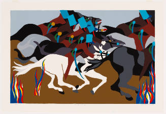 Colorblock screenprint of group of soldiers riding on horses with flames in foreground