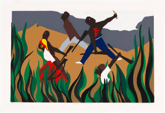 Colorblock screenprint of men and women with dark skin tone, one wounded, running with weapons