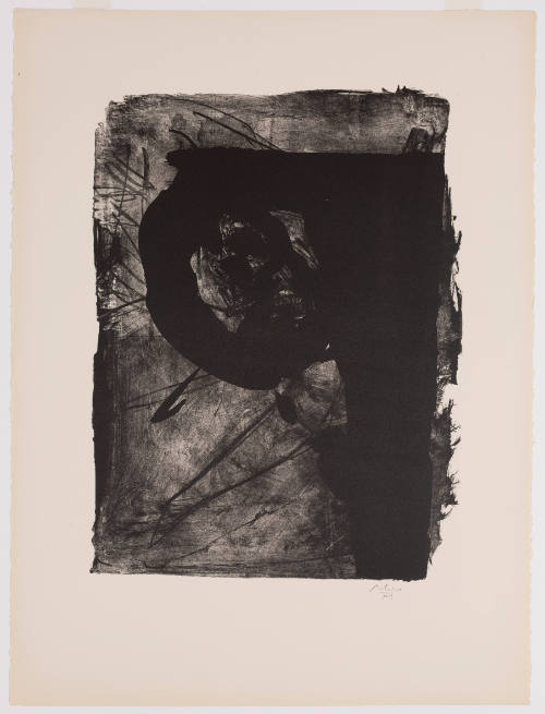 Abstract black-and-white print with thick gestural brushstrokes forming a circle in upper center