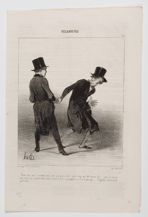 Caricature of two men in top hats, shaking hands, one recoiling from the other with a look of surpri
