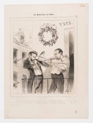 Caricature of two men on a balcony blowing horned instruments while neighbors in the background yell