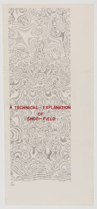 Print with typed letters in a lace-like pattern and text “Technical Explanation of Shoe-Field”