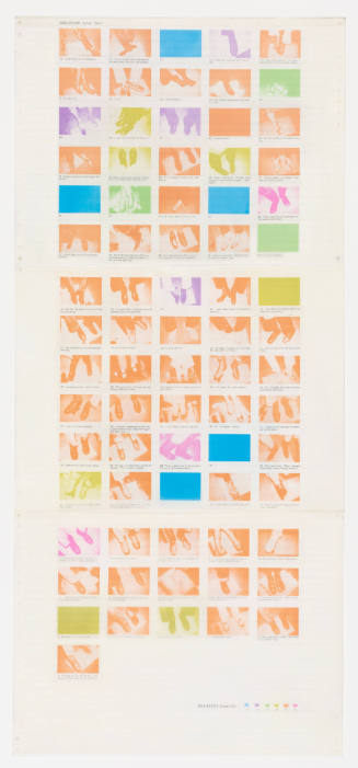 Print titled “Shoe-Pysche” with 5 x 16 grid of orange or brightly colored images of shoes with text