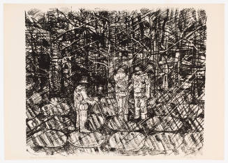 Black-and-white print of three people with white canes near trees and circular shapes on ground