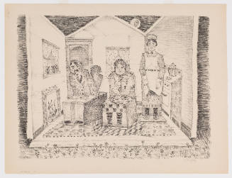 Black-and-white print of three two-dimensional cutout human figures in dollhouse-like room