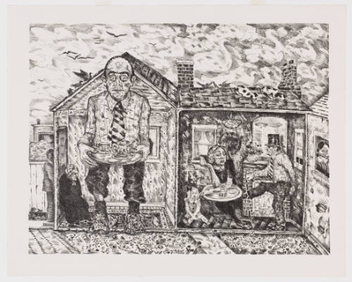 Cross-section of a building with enlarged male figure holding tray, an older woman, and a family