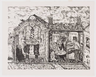 Cross-section of a building with enlarged male figure holding tray, an older woman, and a family