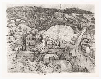 Black-and-white print of a small town in a rocky, hilly landscape
