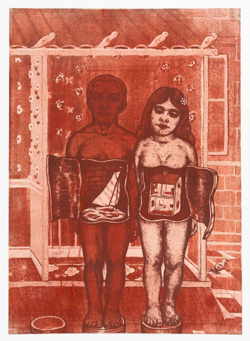 Red image of man with abdomen revealing sailboat and woman with abdomen revealing dollhouse