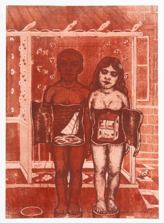 Red image of man with abdomen revealing sailboat and woman with abdomen revealing dollhouse