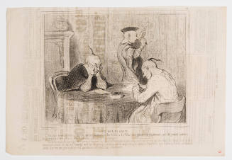 Caricatures of two stereotyped Chinese men sitting at a table while another sharpens a quill pen beh