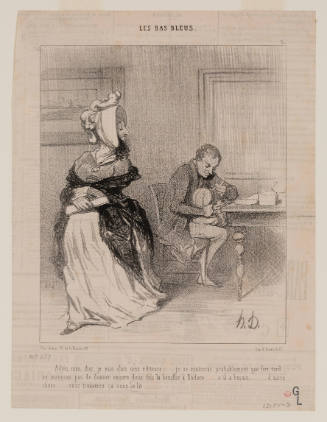 Caricature of woman in bonnet and shawl looking down at and walking away from a man tenderly feeding