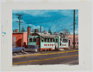 Watercolor of turquoise diner made from train car with red accents, next to buildings and power line