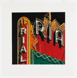 Cropped view of red, yellow, and green neon sign with the letters “RIAL”