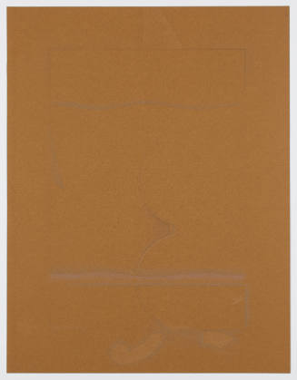 Faint, abstract drawing with curved, vertical lines and horizontally oriented shapes on brown paper