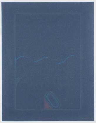 Abstract and delicate blue, red, and green forms on blue paper