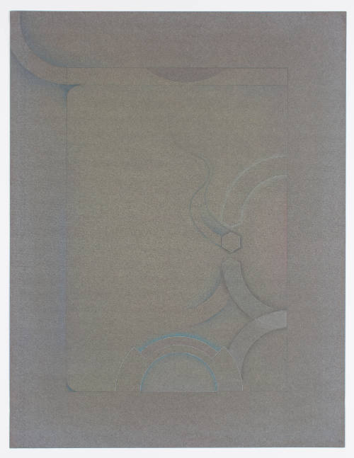 Abstract, rounded, yet clearly defined pencil and pastel forms on gray paper