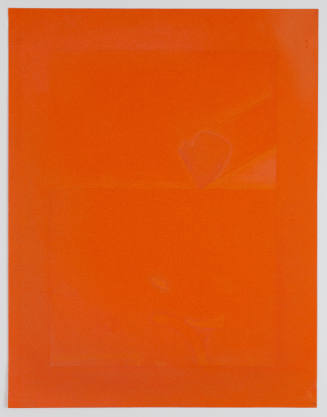 Faint drawing of rectangle divided in half with lightly defined shapes within, on orange-red paper