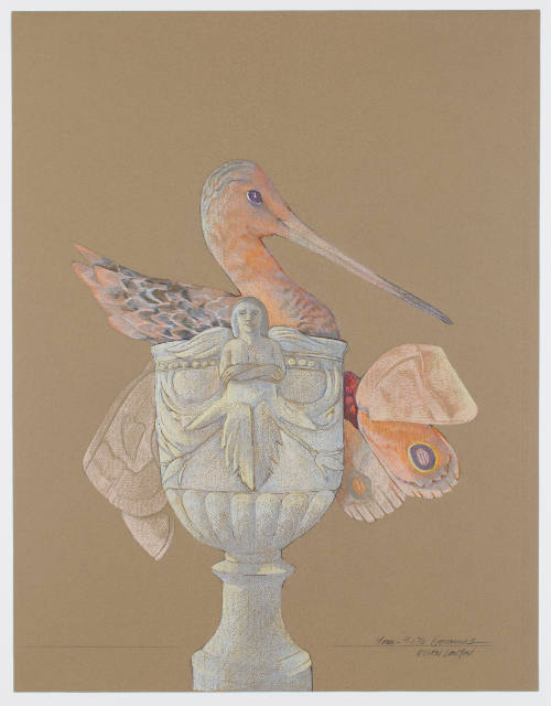 A pink bird with long beak sits inside a classicized vase with winged insects perched on the sides