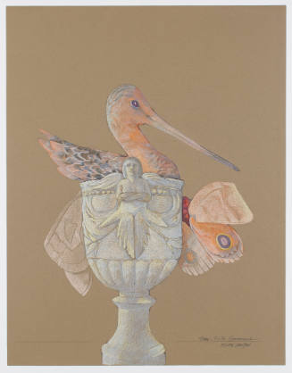 A pink bird with long beak sits inside a classicized vase with winged insects perched on the sides