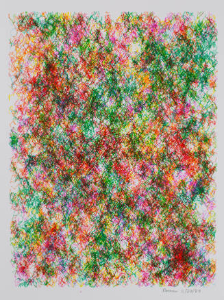 Overlapping squiggly lines fill vertical rectangle in shades of pink, green, and yellow 