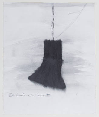 Graphite sketch of a black, almost rectangular form with thin wavy lines emerging from the top of it