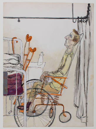 Drawing of man seated in a wheelchair next to a hospital bed that also supports crutches and a cane