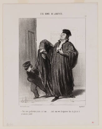 Caricature of haughty-looking lawyer walking alongside a veiled crying widow with a child