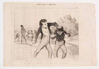 Two boys fighting in the foreground while a group fights in the back, watched by a man in a tophat
