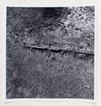 Close-up, black-and-white photograph of the ground with thin row of concrete running across center
