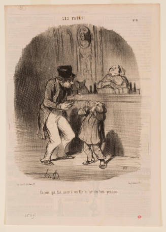 Caricature of a man looking at a child drinking from large glass while a woman sleeps in background
