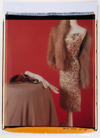 Color photo of light-skinned mannequin in gold dress and fur coat and other accessories on table