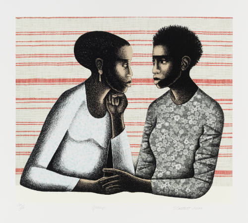 Two dark-skinned figures in profile, holding hands and making direct eye contact with each other